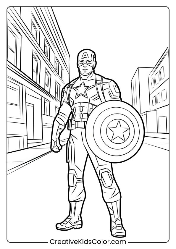 Captain America Coloring Page Featuring The Superhero In An Urban Setting With His Iconic Shield.