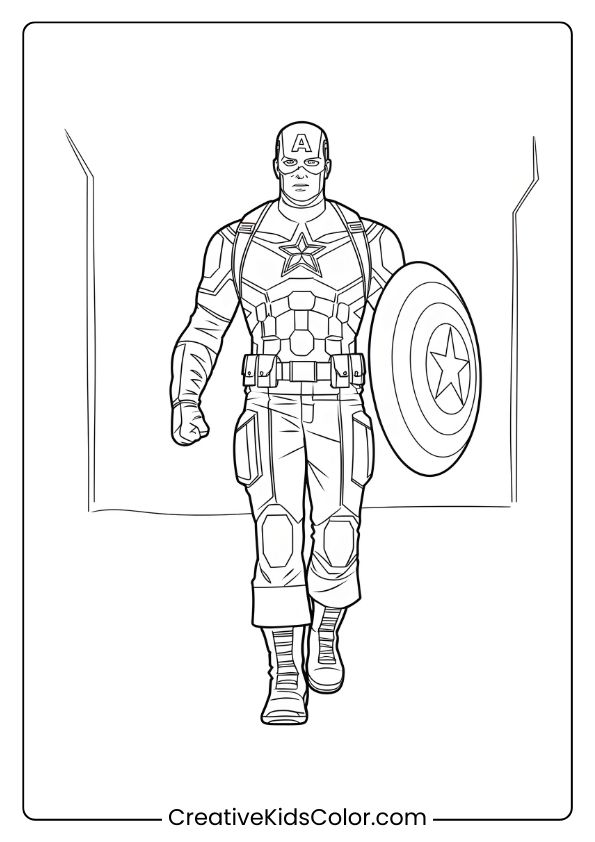 Captain America Coloring Page Featuring The Hero In His Classic Suit, Holding His Shield, And Ready For Action.