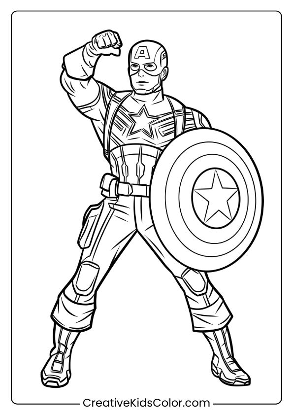 Captain America Coloring Page Showcasing The Superhero’s Iconic Pose With His Shield And Muscular Physique.