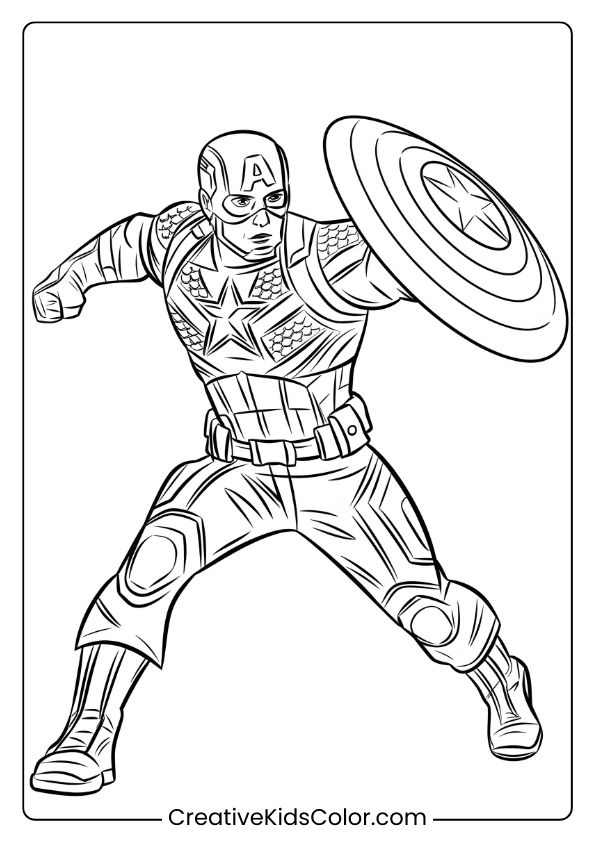 Captain America Coloring Page Showing The Superhero Mid-Action As He Throws His Star-Emblazoned Shield.