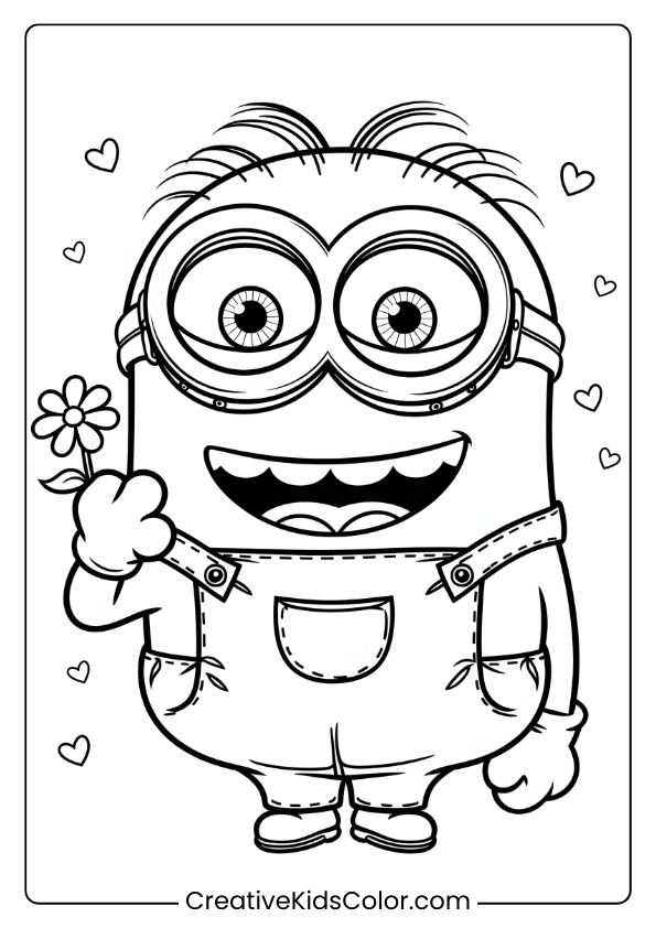 A Minion Coloring Page Showing A Smiling Minion With A Flower, Surrounded By Hearts, Perfect For Love-Themed Creativity.