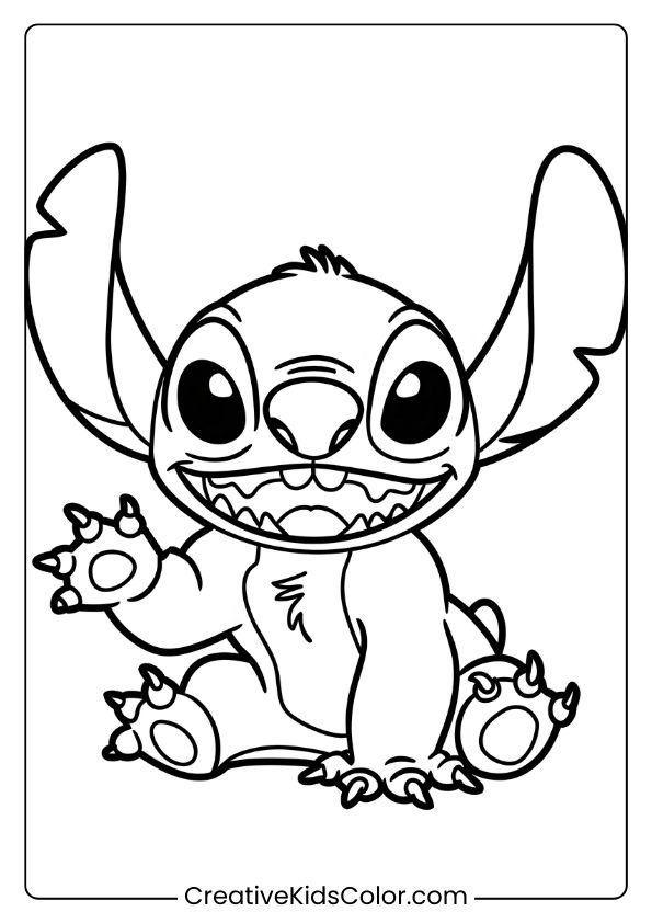 Stitch Is Seated With A Big Smile In This Cute Coloring Page.