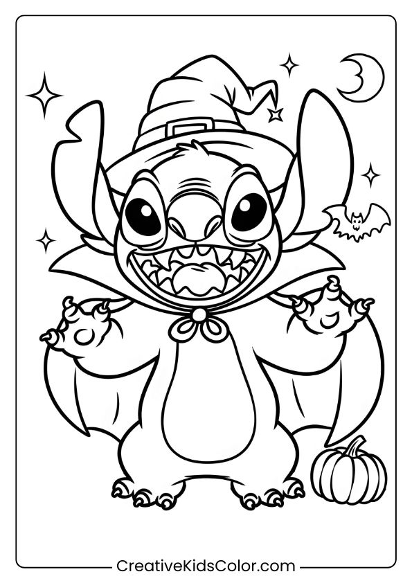Stitch Is Wearing A Witch'S Hat And Cape In This Halloween-Themed Coloring Page.
