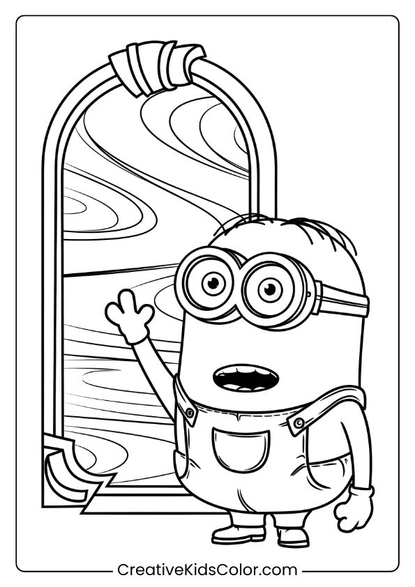 A Creative Minion Coloring Page With Kevin Beside A Magical Portal, Waving And Smiling.