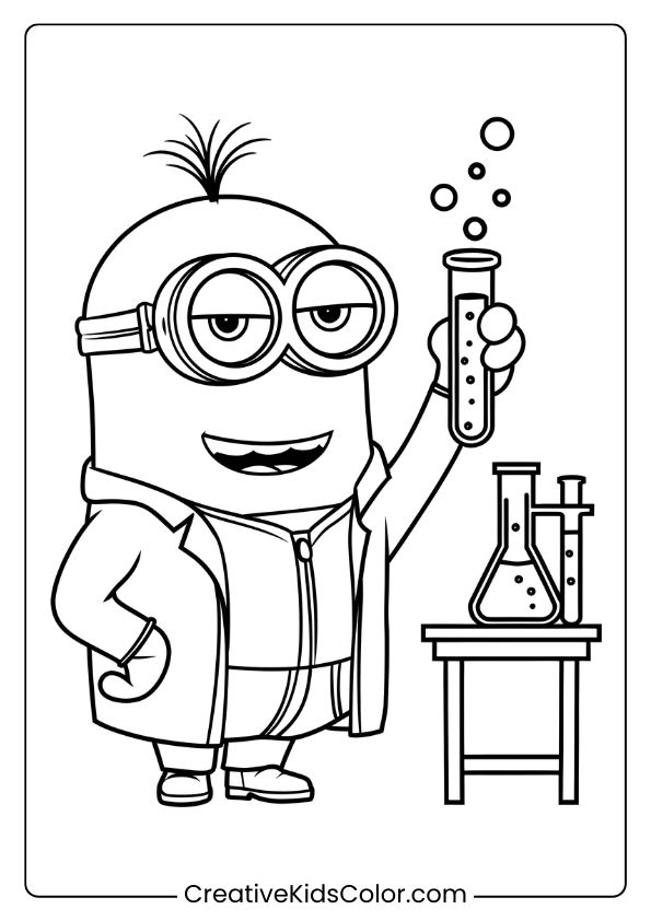 A Science-Themed Minion Coloring Page Featuring Kevin In A Lab Coat Holding A Bubbling Test Tube.