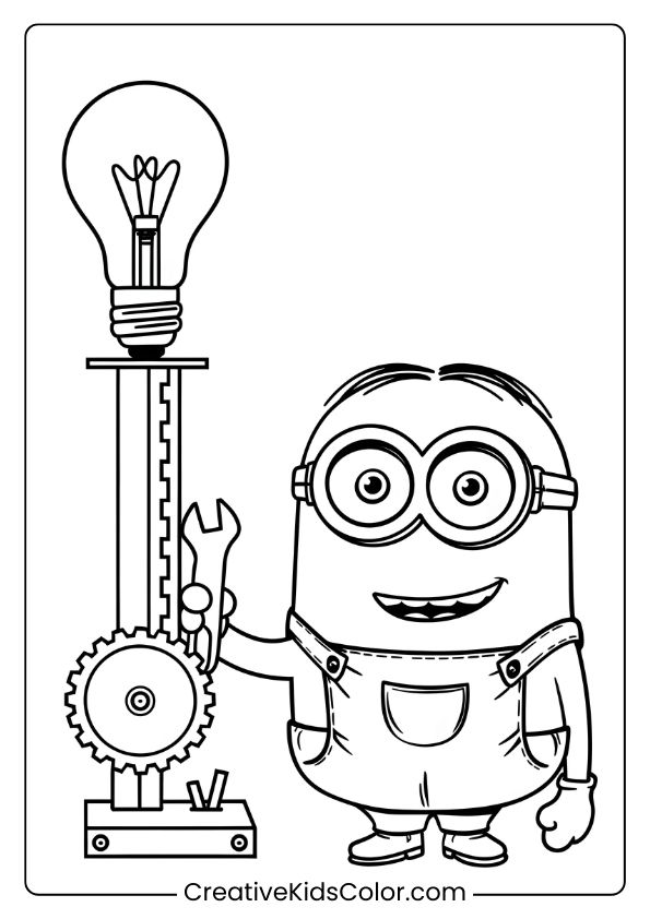 A Creative Minion Coloring Page Featuring Kevin Working On An Invention With A Wrench And A Glowing Lightbulb.