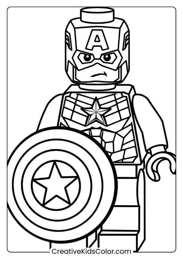 Lego Captain America Coloring Page Featuring The Superhero In His Signature Outfit And Holding His Shield.