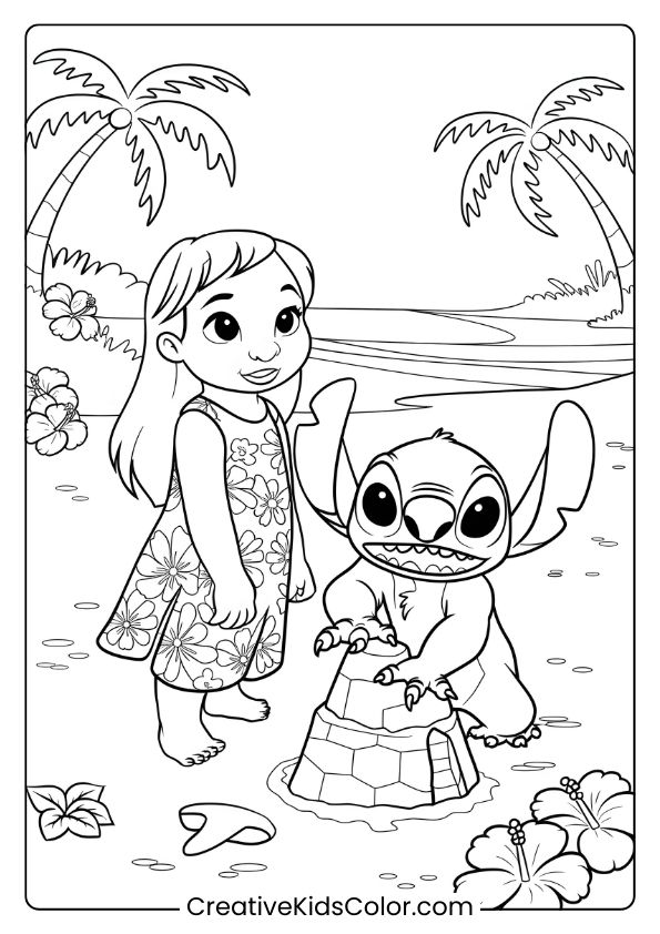 Lilo And Stitch Are On The Beach, With Stitch Holding A Sandcastle In This Fun Coloring Page.