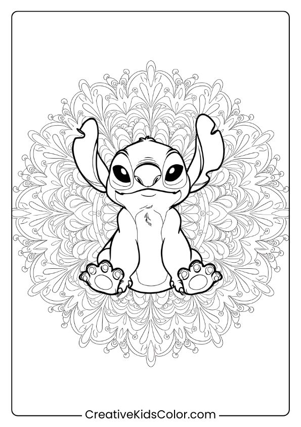 Stitch Is Surrounded By Mandala Patterns In This Relaxing Coloring Page.