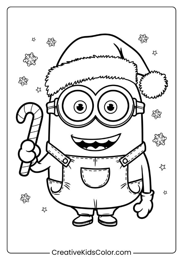 A Christmas-Themed Minion Coloring Page Featuring A Joyful Minion In A Santa Hat Holding A Candy Cane Amidst Snowflakes.
