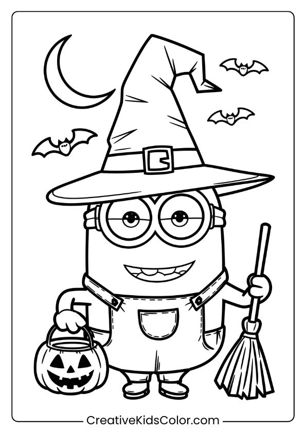 A Halloween Minion Coloring Page Showcasing A Minion In A Witch'S Hat With Bats And A Crescent Moon In The Background.