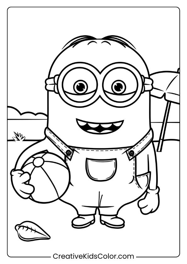A Minion Coloring Page Featuring A Cheerful Minion At The Beach, Holding A Ball With Sand, Seashells, And An Umbrella.