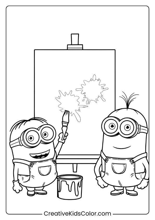 A Painting-Themed Minion Coloring Page Showcasing Two Minions Creating Art With Brushes, Paint Buckets, And A Canvas.