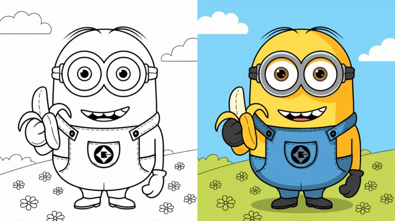 Coloring Page Cover Of Minions, Left Side In Black And White, Right Side Colored In A Fun, Nature-Filled Scene.