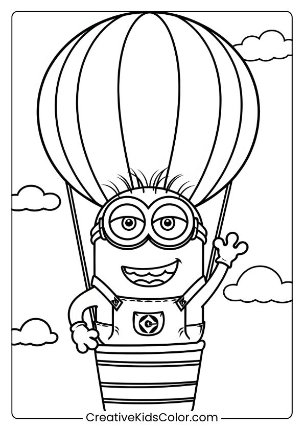 A Minion Coloring Page With A Minion Soaring In A Hot Air Balloon, Enjoying A Sunny Adventure.