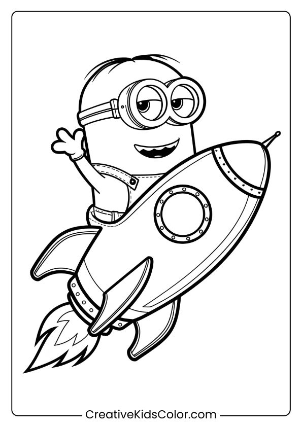 A Thrilling Minion Coloring Page Of A Minion Enjoying A Rocket Ride With Flames And A Cheerful Expression.