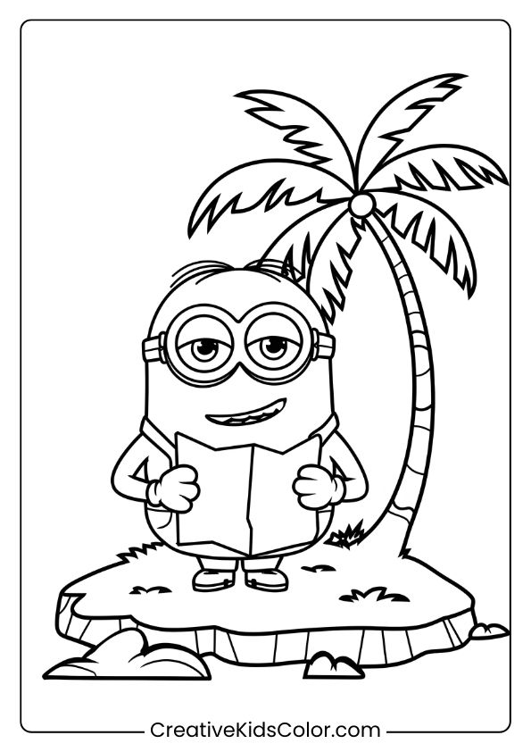 A Tropical Minion Coloring Page With A Minion Holding A Map On A Small Island Surrounded By A Palm Tree.