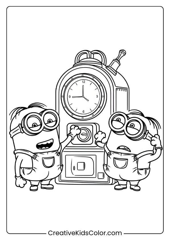 A Playful Minion Coloring Page With Two Minions Interacting With A Time Machine Full Of Buttons And Dials.