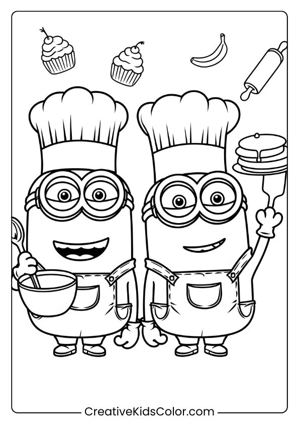 A Cooking-Themed Minion Coloring Page Featuring Two Chef Minions Baking With Bowls, Whisks, And Pancakes.