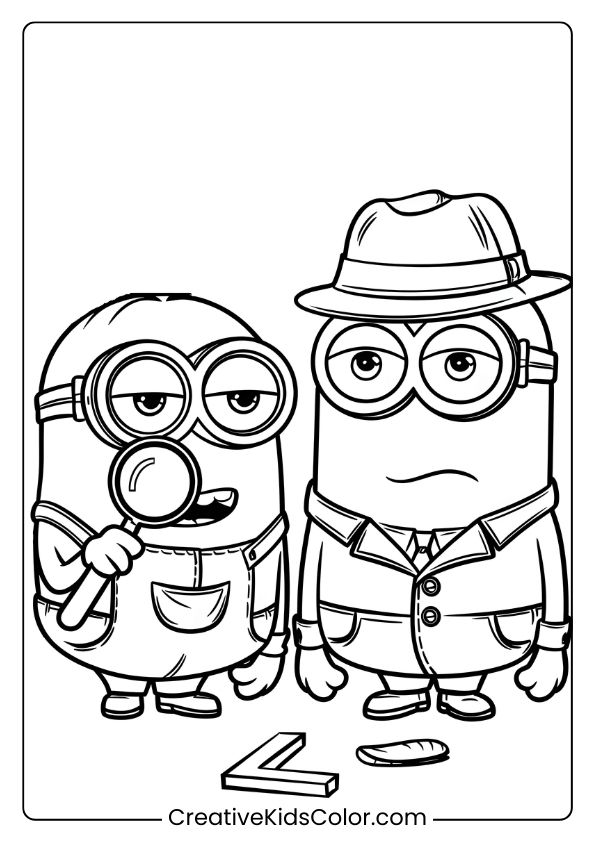 A Detective-Themed Minion Coloring Page Featuring Two Minions Investigating Clues With Magnifying Glasses And Hats.