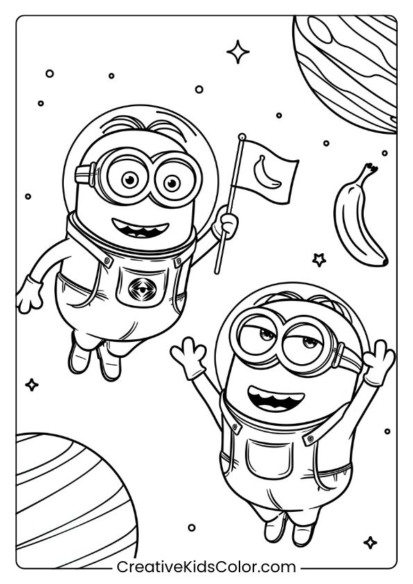 A Space-Themed Minion Coloring Page With Two Minions Floating Among Stars, Planets, And A Banana Flag.
