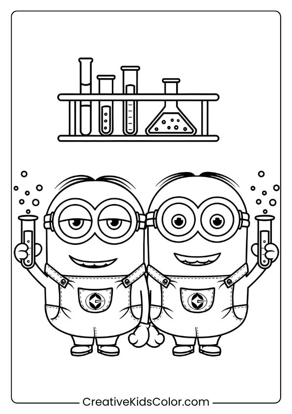 A Minion Coloring Page With Two Minions In A Laboratory Holding Test Tubes Filled With Bubbles And Having Fun.