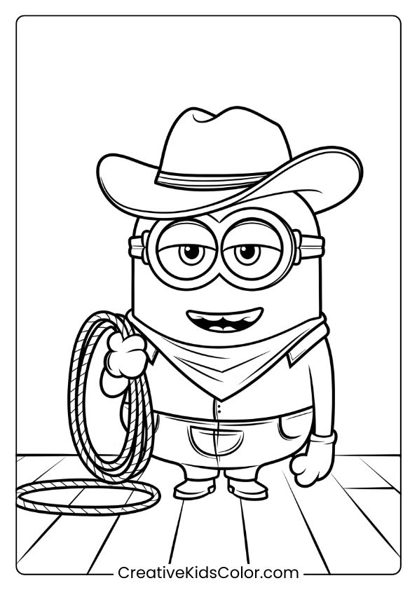 A Western-Themed Minion Coloring Page Showcasing A Cowboy Minion With A Hat, Rope, And Adventurous Spirit.