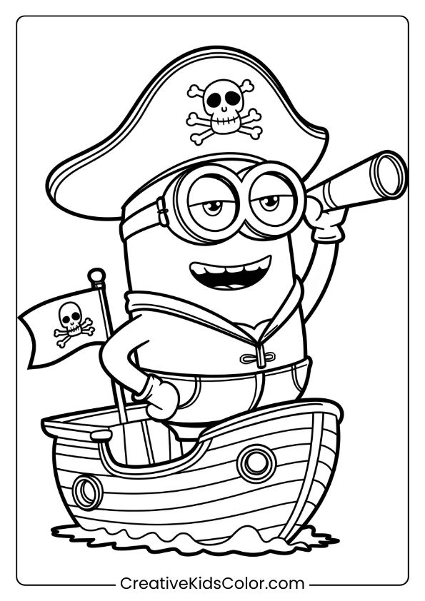 A Pirate-Themed Minion Coloring Page Showcasing A Minion With A Telescope On A Ship, Ready For Nautical Adventures.