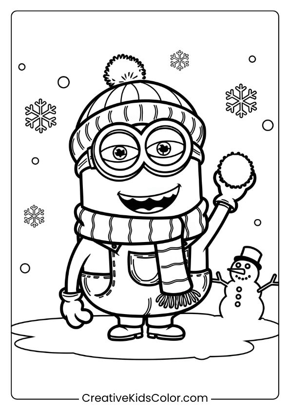 A Winter-Themed Minion Coloring Page With A Minion In Cozy Attire, Holding A Snowball In A Snowy Wonderland.