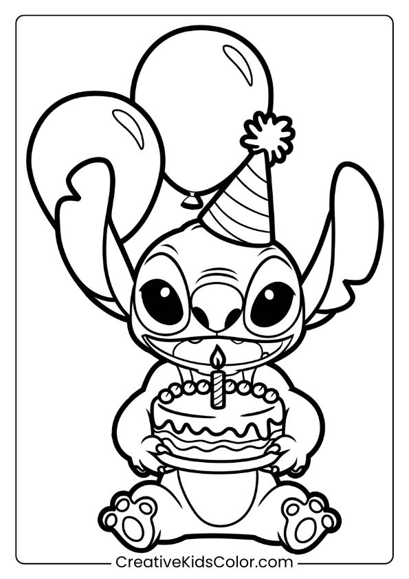 Stitch, With A Birthday Hat And Cake, Celebrates In This Fun Birthday Coloring Page.