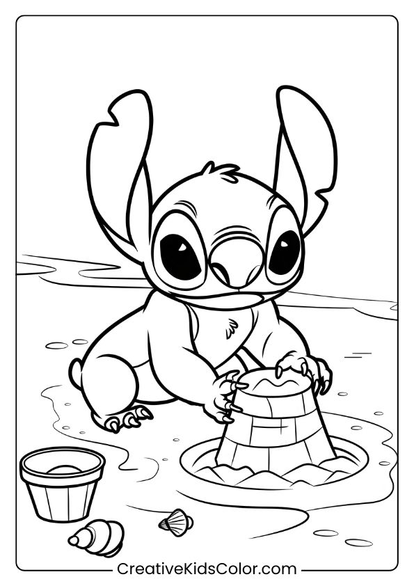 Stitch Is Building A Sandcastle On The Beach In This Playful Coloring Page.