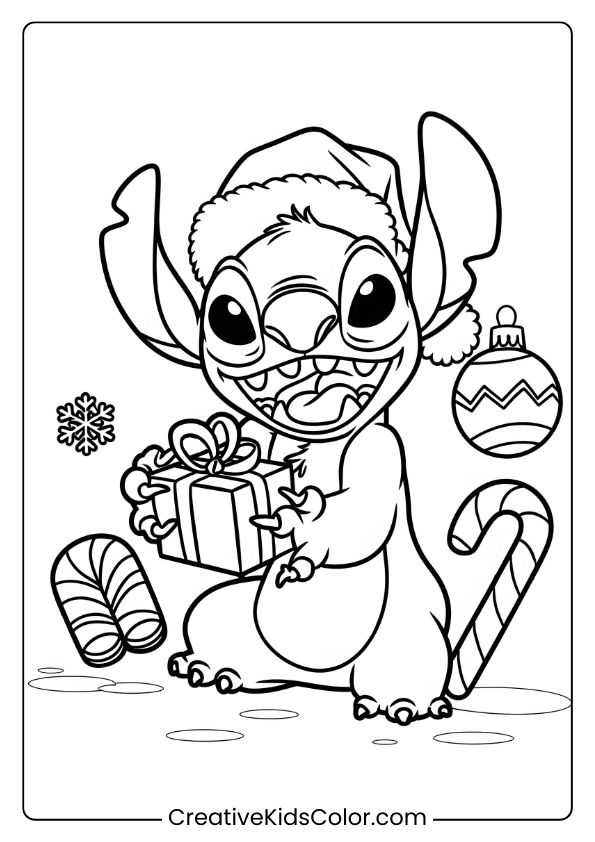 Stitch Is Wearing A Santa Hat And Holding A Gift In This Christmas-Themed Coloring Page.