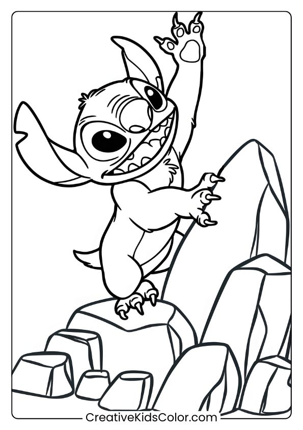 Stitch Is Climbing Rocks With A Curious Expression In This Adventurous Coloring Page.