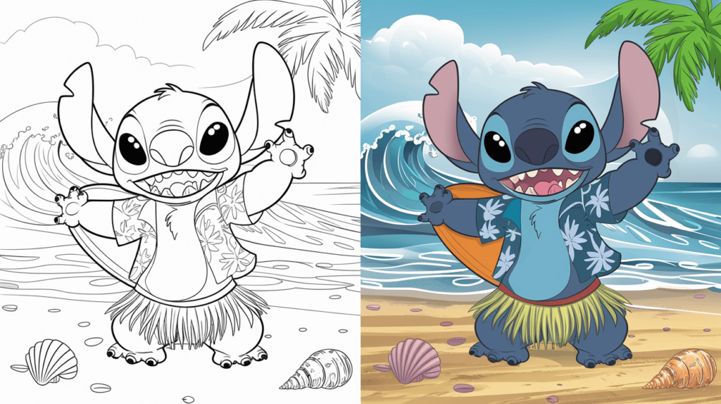 Stitch Coloring Page Cover, Left Side Black And White, Right Side Colored In A Fun, Nature-Filled Scene.