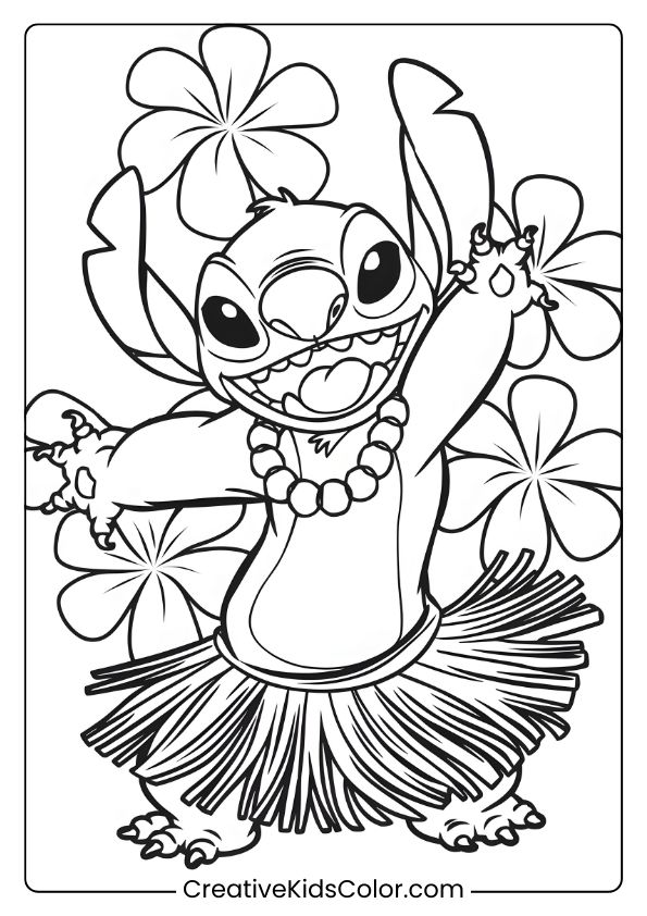 Stitch Dances In A Hula Skirt Surrounded By Flowers In This Festive Coloring Page.