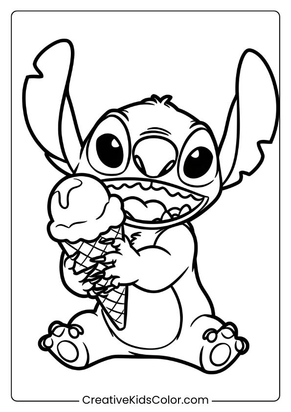 Stitch Is Enjoying An Ice Cream Cone In This Sweet, Playful Coloring Page.