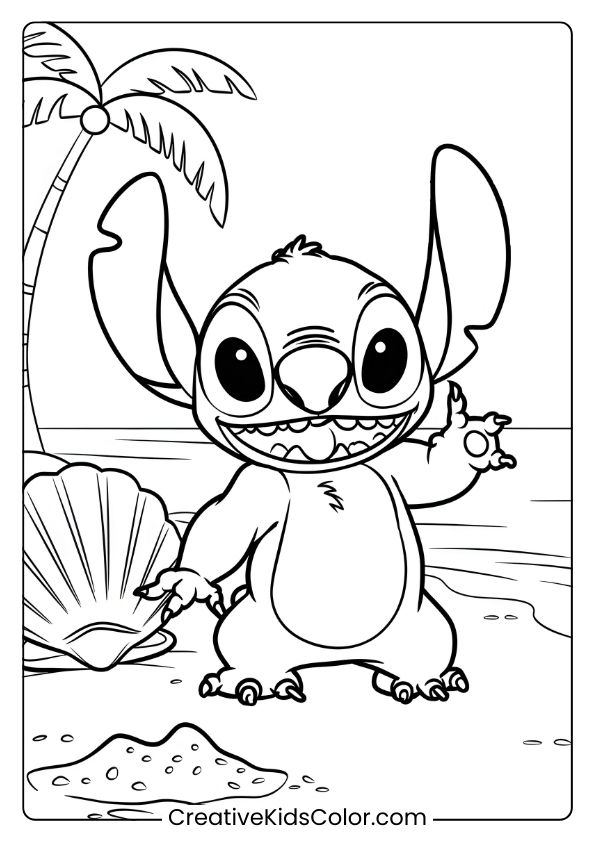 Stitch Explores A Beach With Seashells And Palm Trees In This Tropical Coloring Page.