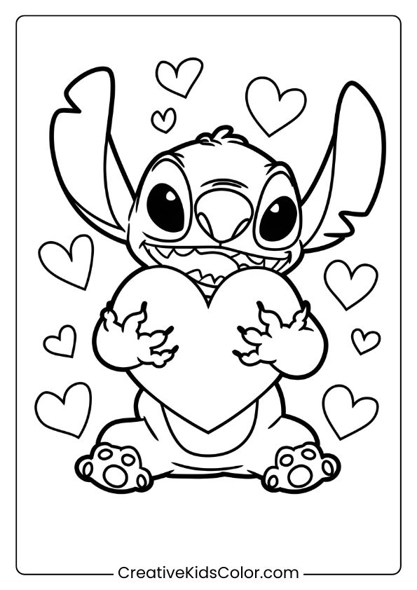 Stitch Is Holding A Heart Surrounded By Smaller Hearts In This Love-Themed Coloring Page.