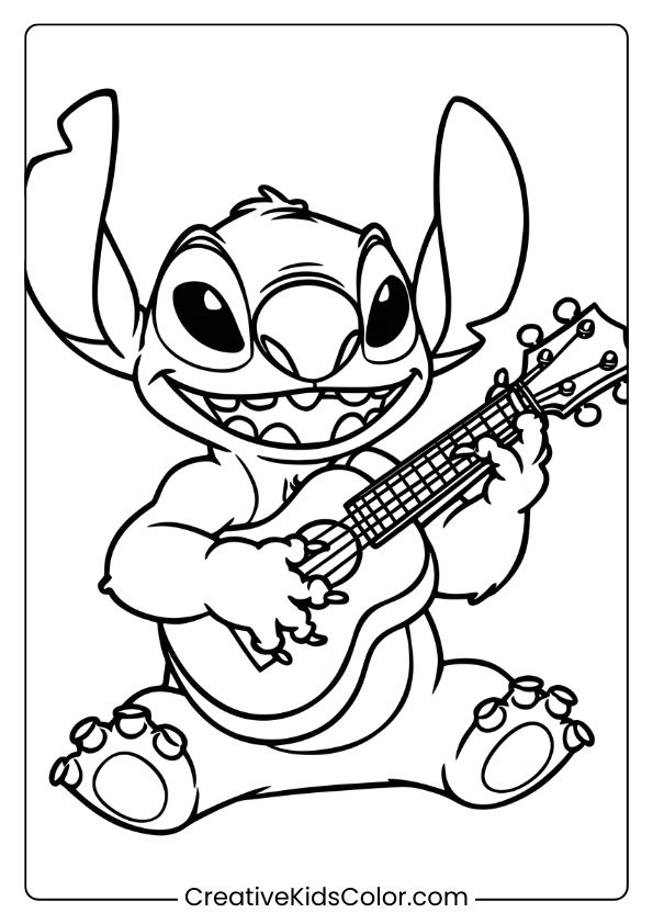 Stitch Is Playing A Ukulele With A Joyful Expression In This Musical Coloring Page.