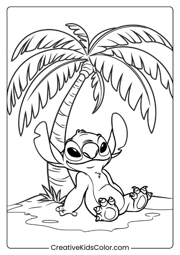 Stitch Relaxes Under A Palm Tree On The Beach In This Calm Coloring Page.