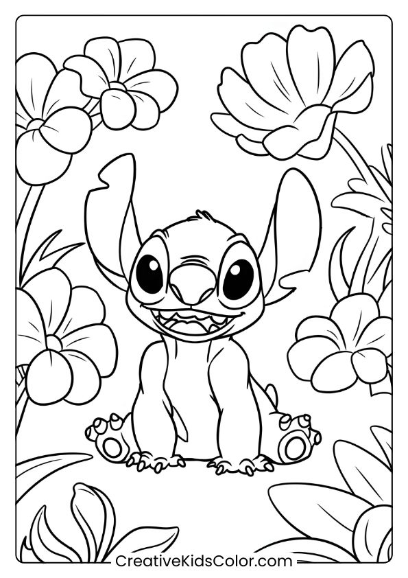 Stitch Is Surrounded By Vibrant Tropical Flowers In This Cheerful Coloring Page.