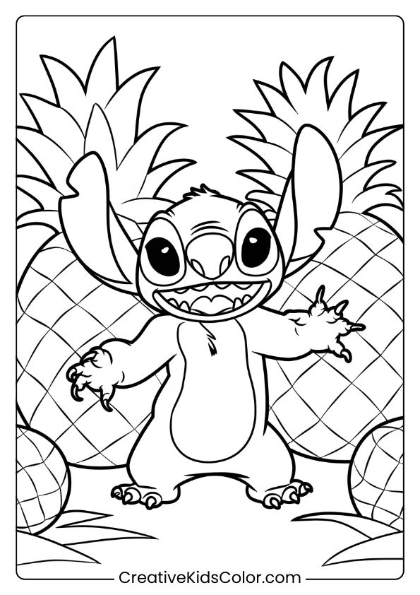 Stitch Is Surrounded By Pineapples In This Playful Tropical Coloring Page.
