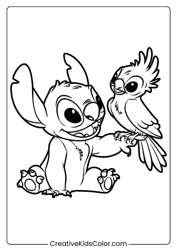 Stitch Is Holding A Tropical Bird On His Hand In This Cute Nature-Themed Coloring Page.