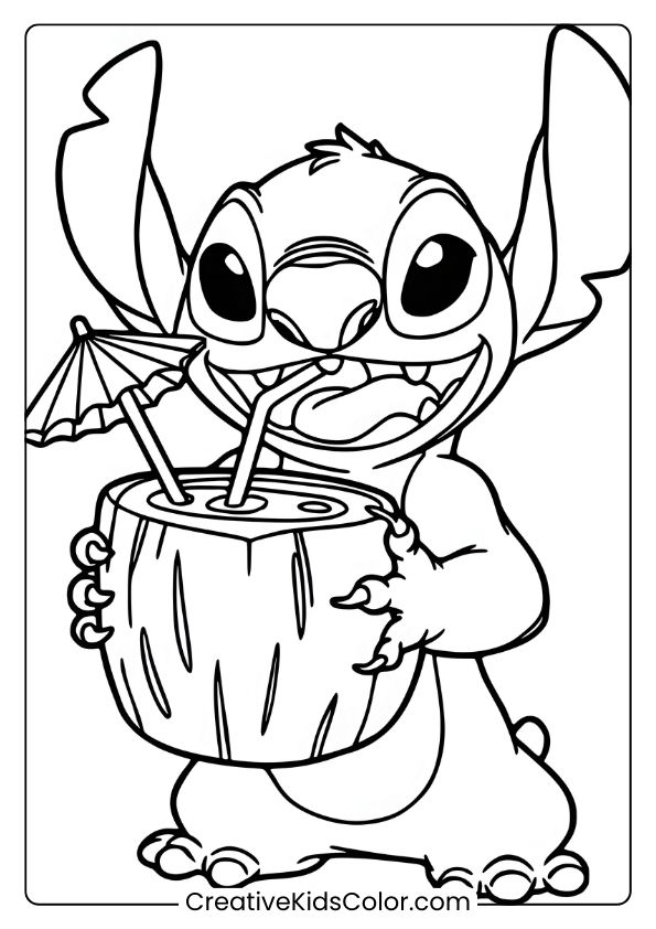 Stitch Is Sipping A Coconut Drink In This Relaxing Tropical Coloring Page.