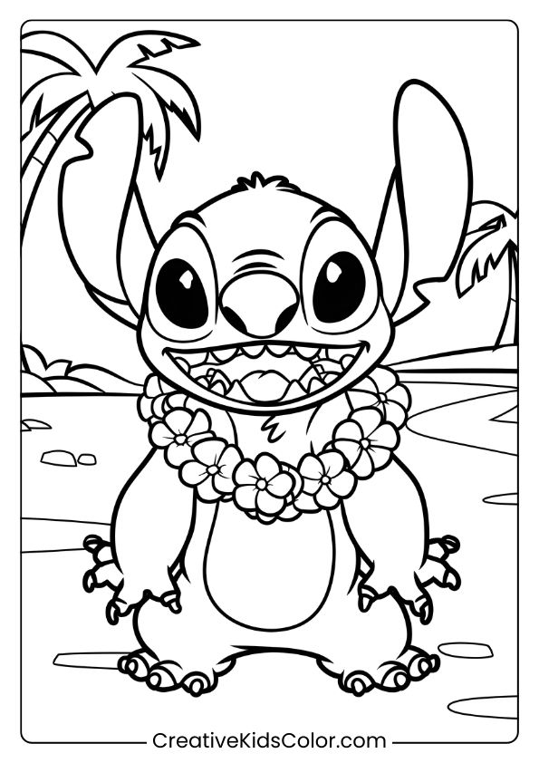 Stitch Wears A Flower Lei While Standing On A Tropical Island In This Coloring Page.