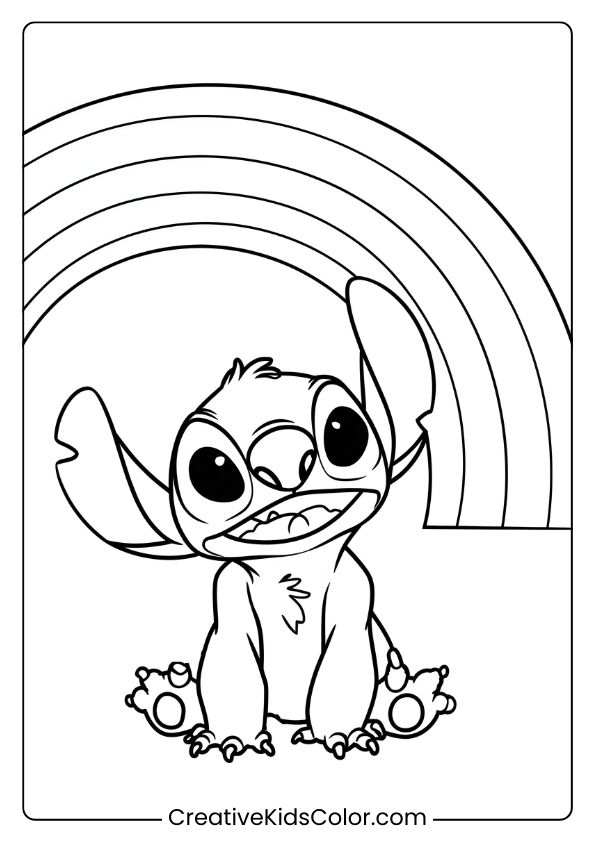 Stitch Sits Under A Rainbow With A Happy Expression In This Colorful Coloring Page.