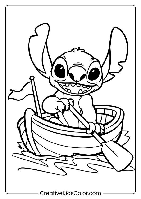 Stitch Is Paddling A Boat On Calm Waters In This Peaceful Boat Adventure Coloring Page.