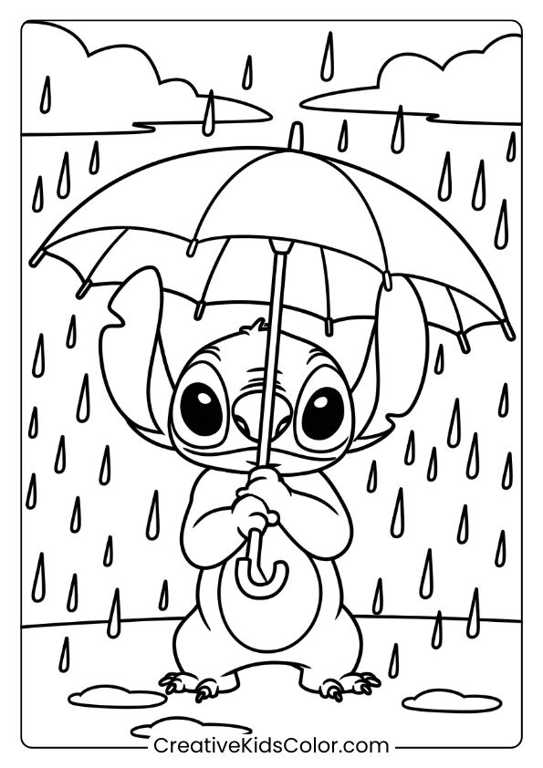 Stitch Holds An Umbrella During A Rainy Day In This Serene Coloring Page.