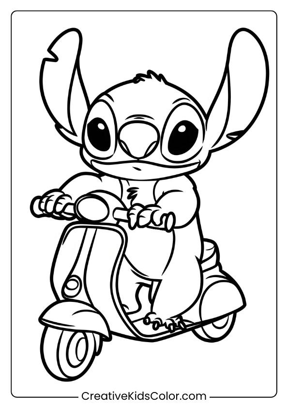 Stitch Is Riding A Scooter With A Carefree Smile In This Fun Coloring Page.