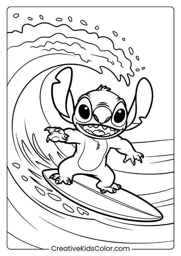 Stitch Is Surfing On A Wave With A Big Smile In This Adventurous Coloring Page.